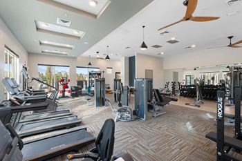 Fitness lounge with cardio equipment, strength equipment, free weights with stretching area, and spin bikes